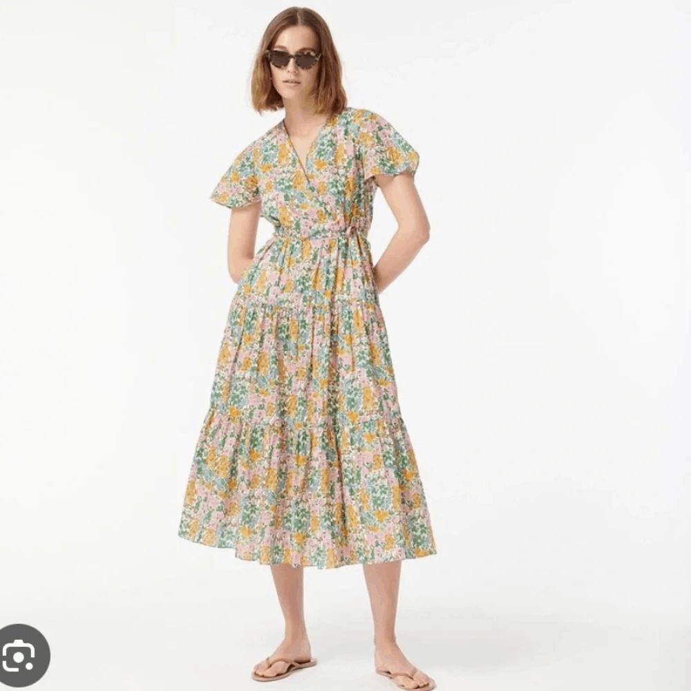 J. Crew Liberty Floral Walk Faux Wrap Short Sleeve Midi Dress Women's Size 4